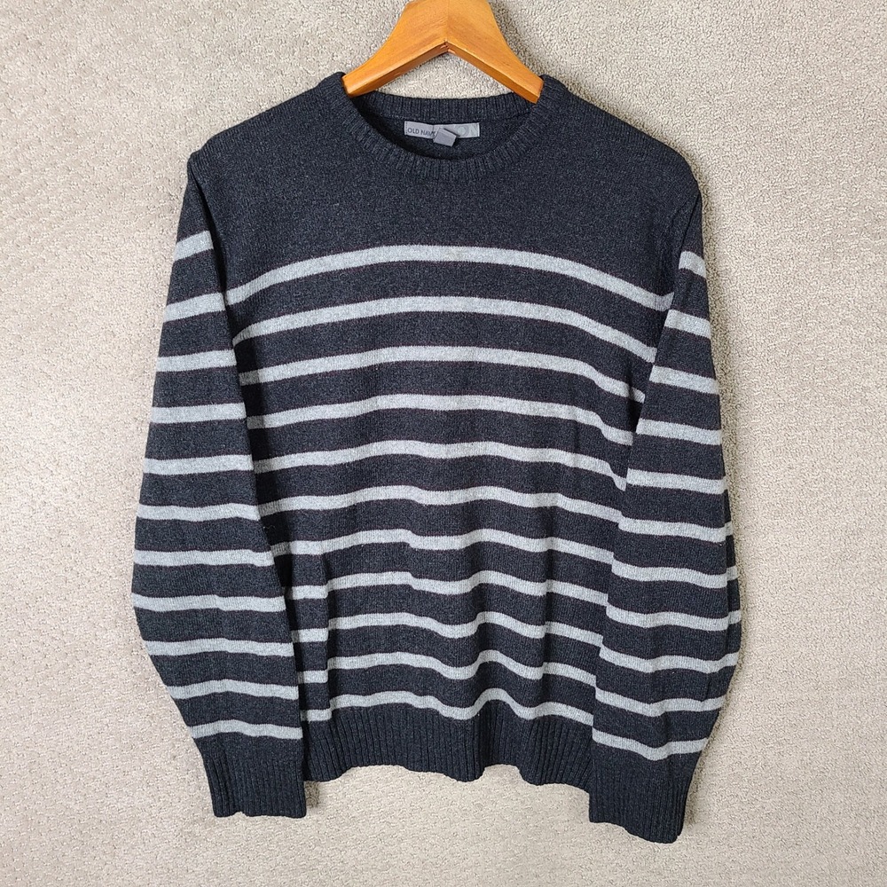 Old Navy Sweater Mens XL Gray Maroon Striped Crew Neck Wool Angora Blend